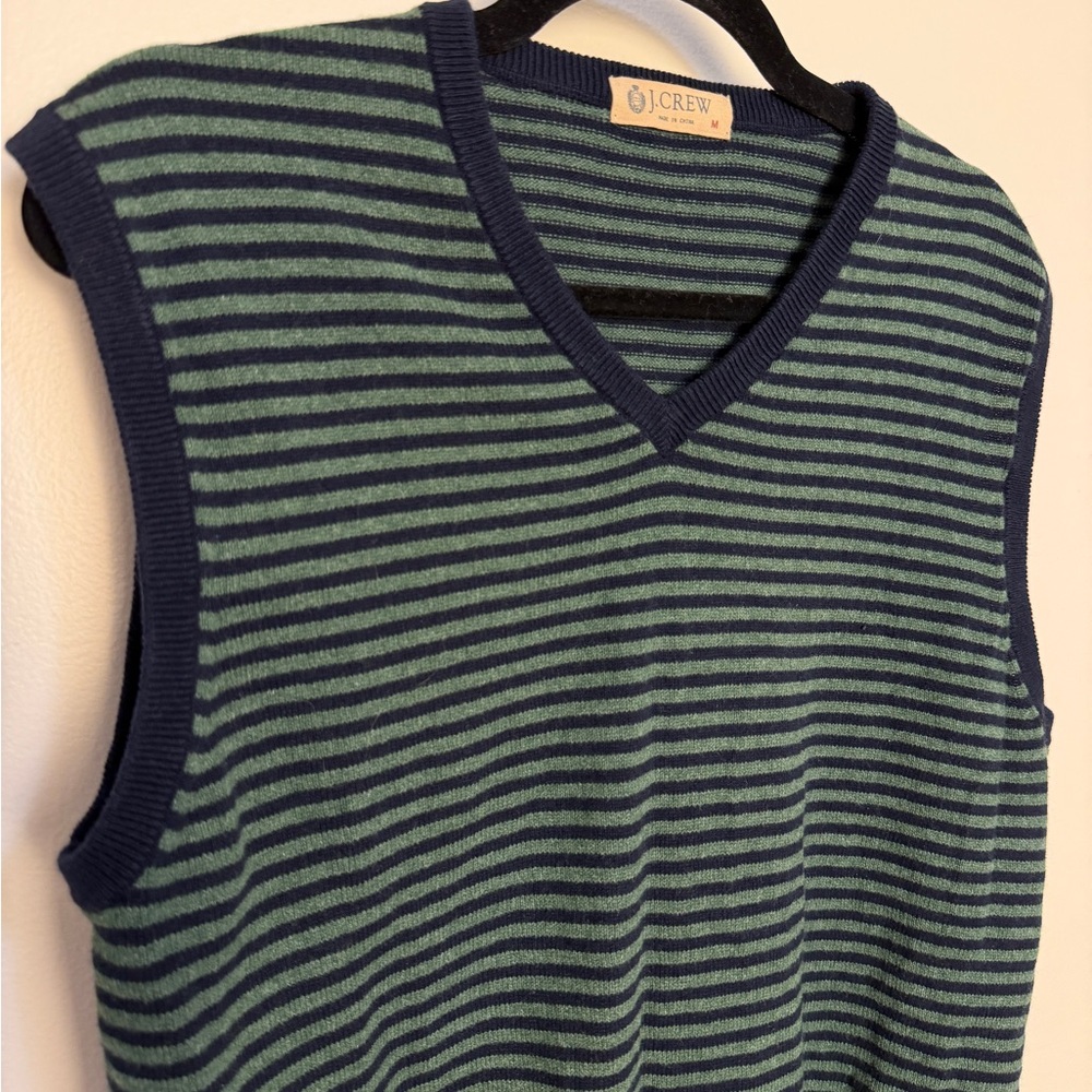 J Crew vintage green and blue vneck sweater vest cotton cashmere size medium - Picture 4 of 7